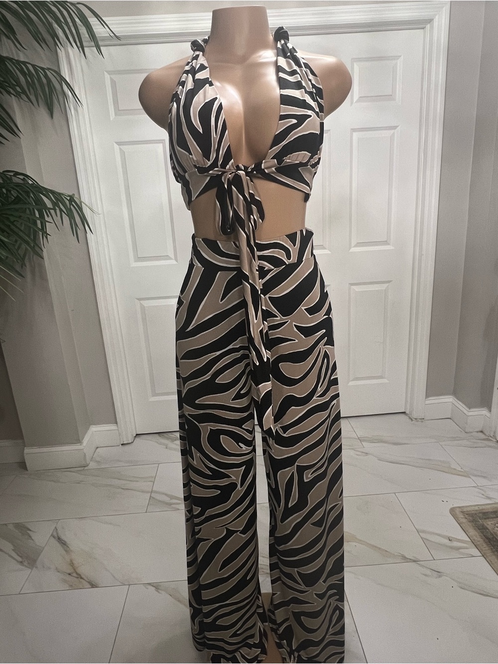 Tie-Front Wide Leg Jumpsuit in Black and Beige